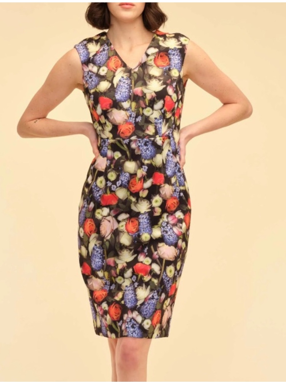 T Tahari Floral V-Neck Scuba Sheath Pencil Dress Size 8